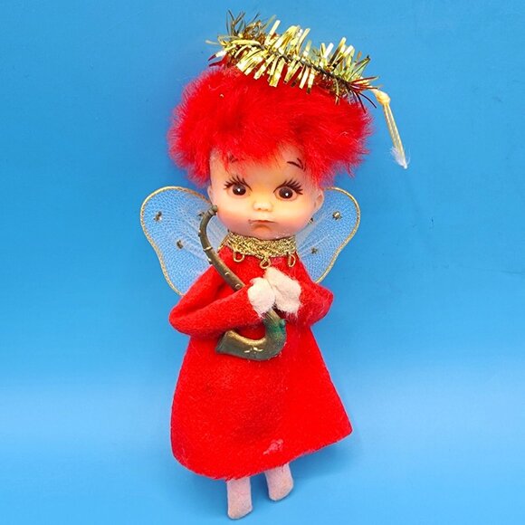 Vintage 1950s Napco Red Hair Pixie Angel Ornament Felt Elf Japan Tinsel Halo Sax - Picture 2 of 9